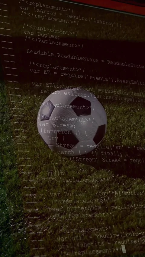 Vertical video: Code scrolling over soccer ball sitting on field, showing sports Stockbeeldmateriaal 329934672