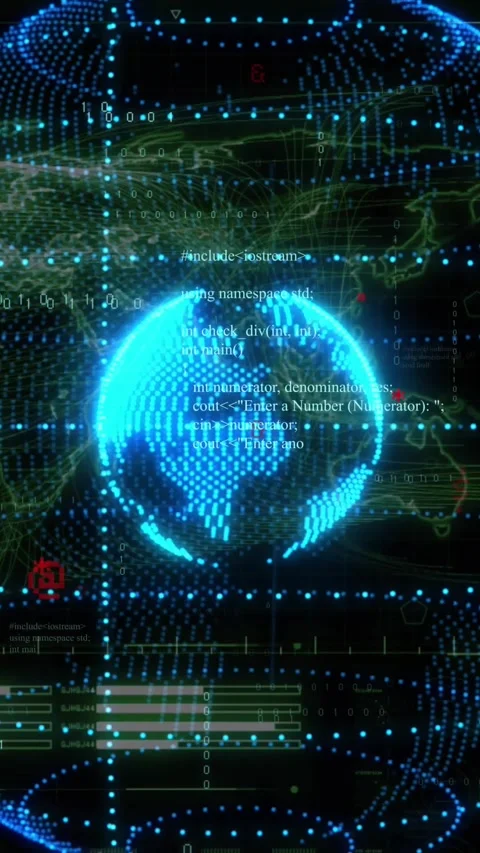 Vertical video: Code scrolling, point-cloud globe rotating, pulsing with HUD Stock Footage 328632898