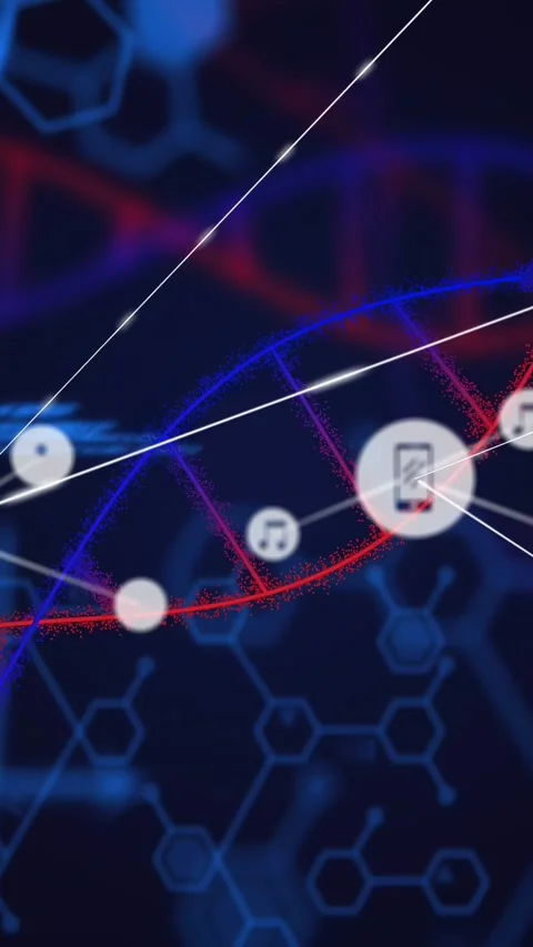 Vertical video: Code sparking red blue helix moving nodes popping lines joining Stock Footage 332823281