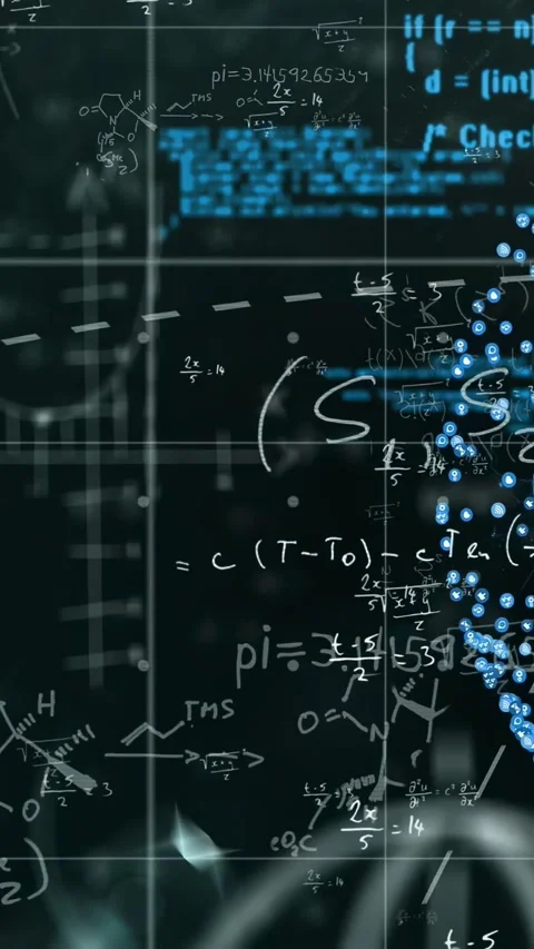 Vertical video: Code streaks rising sparking focus, math shifting, blue dots Stock Footage 332985015