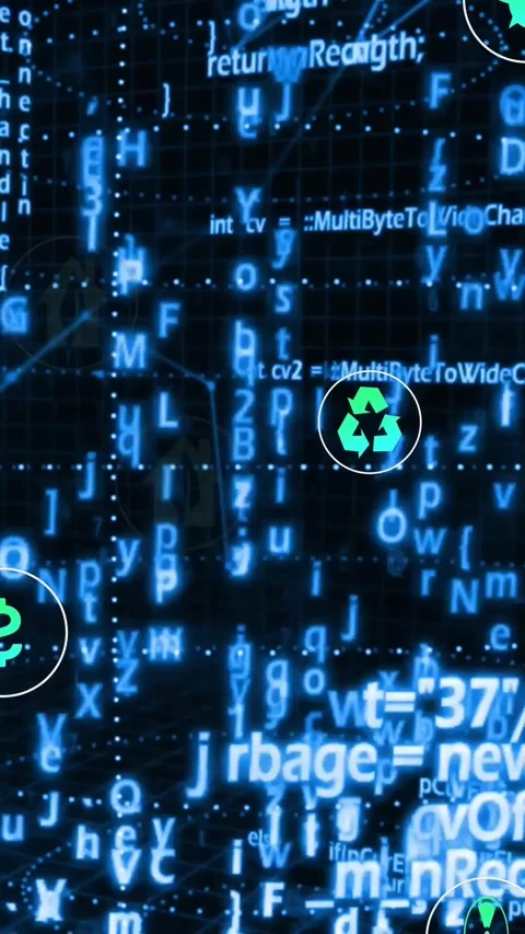 Vertical video: Code streams starting green eco icons floating pulsing grouping Stock Footage 328578968