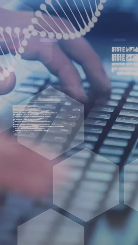 Vertical video: Coder pressing keyboard on tapping, analyzing code with DNA and 動画素材 332277922