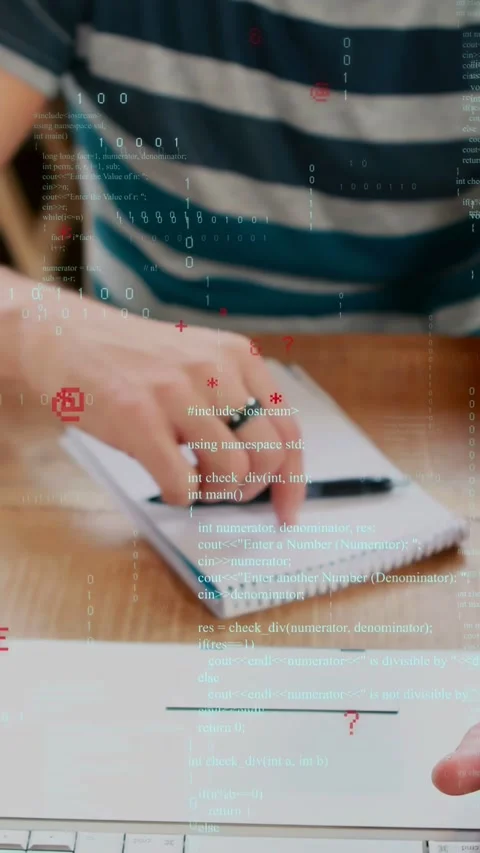 Vertical video: Coder typing on laptop and using trackpad, showing code overlay Stock Footage 335355220