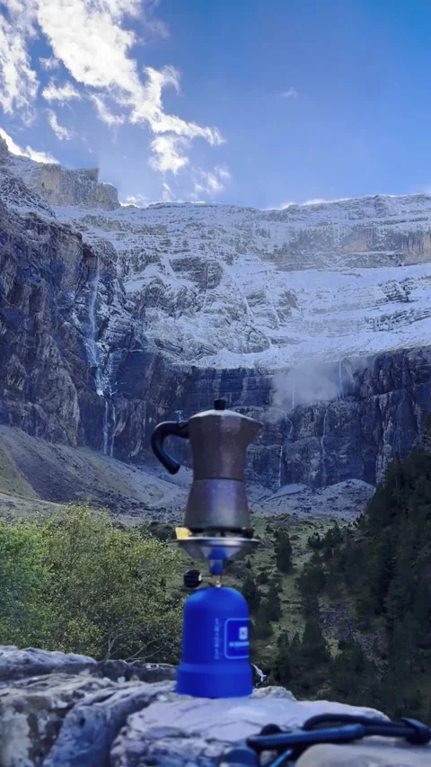 Vertical Video, Coffee Pot Boiling in Autumn Mountains Stock Footage 318078698