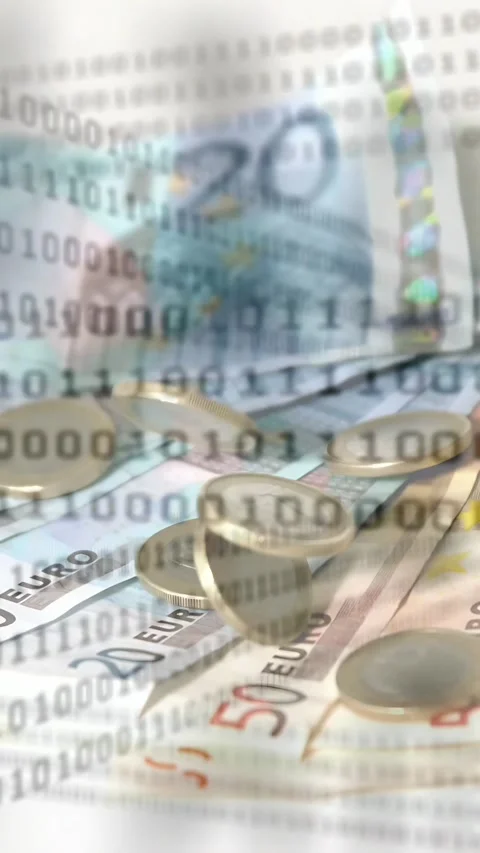 Vertical video: Coins midair falling and rotating on euro notes, binary layer Stock Footage 335678144