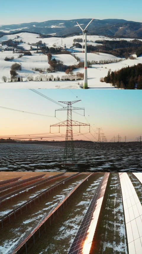 Vertical video collage of wind turbine, solar panels and transmission lines in Stock Footage 342938436