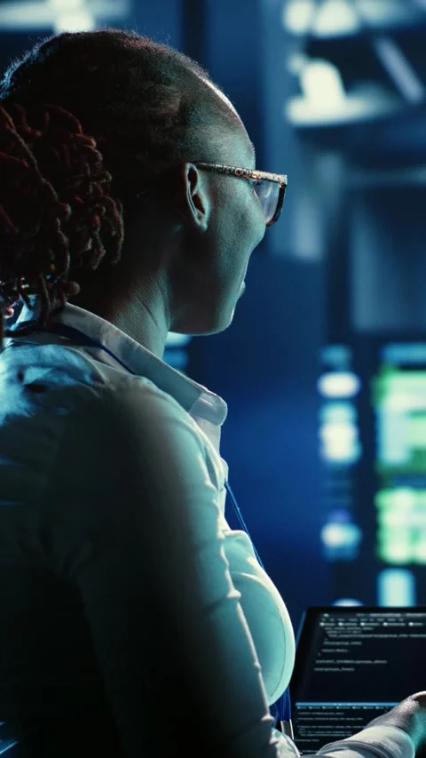 Vertical video Colleagues coding in data center Stock Footage 249082808