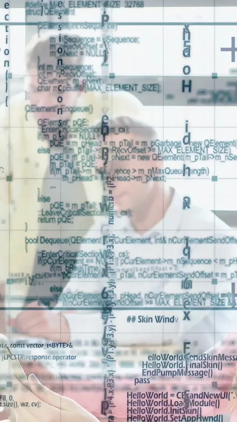 Vertical video: Colleagues typing and pointing at laptop, causing code overlay Stock Footage 331334186