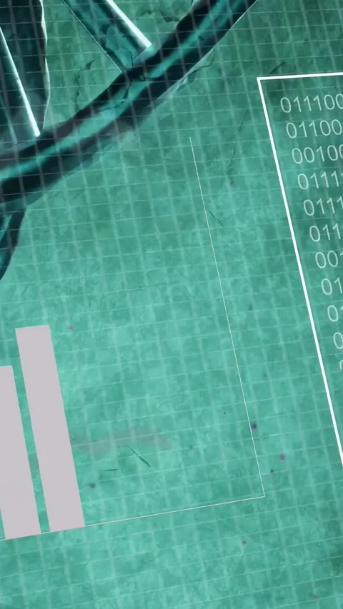 Vertical video: On COLLECTING DATA, 3D DNA helix rotating while HUD panels Stock Footage 335263842