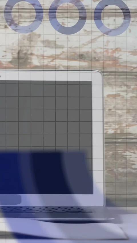 Vertical video: COLLECTING DATA showing, laptop overlay moving charts and binary Stock Footage 334792726