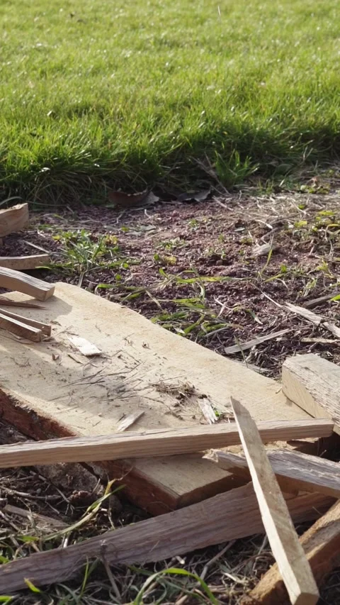 Vertical video Colony process of oak wood chips to light a fire with a cleaver Stock Footage 147573281