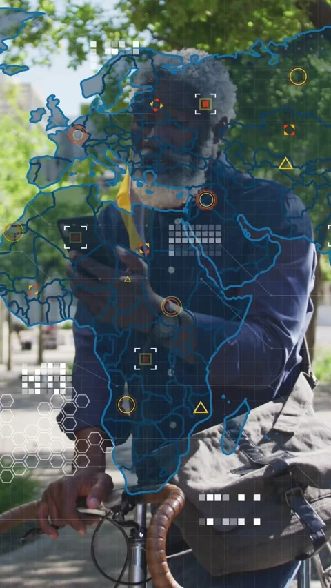 Vertical video: Commuter tapping phone, map emerging then HUD icons spreading Stock Footage 334601280