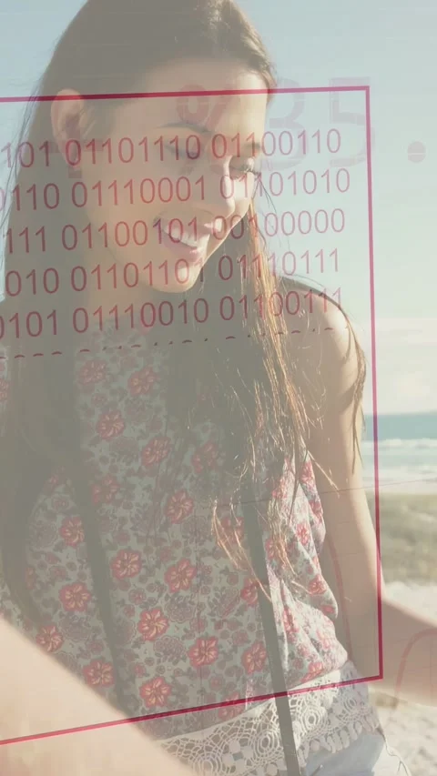 Vertical video: Companion tapping device woman reviewing red tech pie or line Stock Footage 333744891