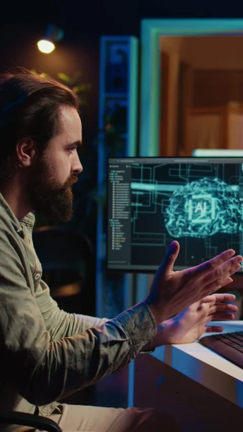 Vertical video Computer engineer surprised by sentient artificial intelligence Stock Footage 267159164