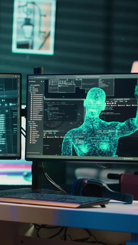 Vertical video Computer engineer surprised by sentient artificial intelligence Stock Footage 267160451