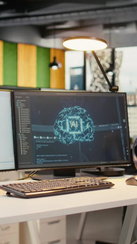 Vertical video Computer monitors in empty startup workspace with cloud computing Stock Footage 323235326