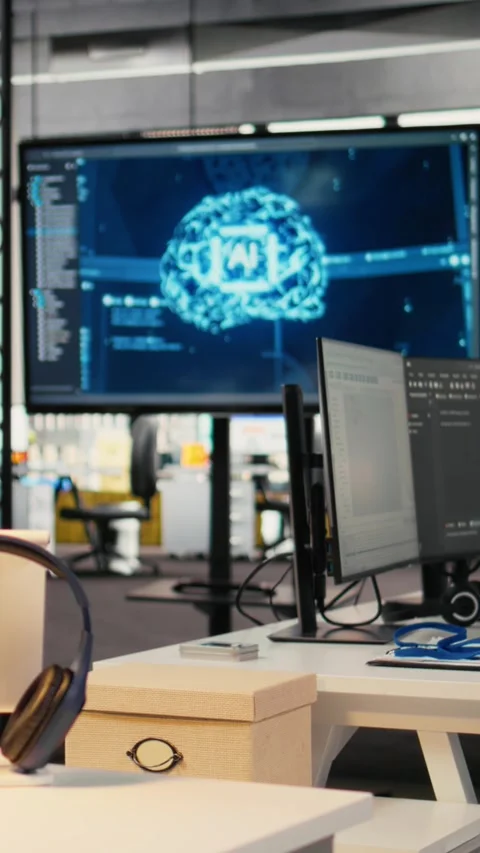 Vertical video Computer monitors in empty startup workspace with cloud computing Stock Footage 323403592