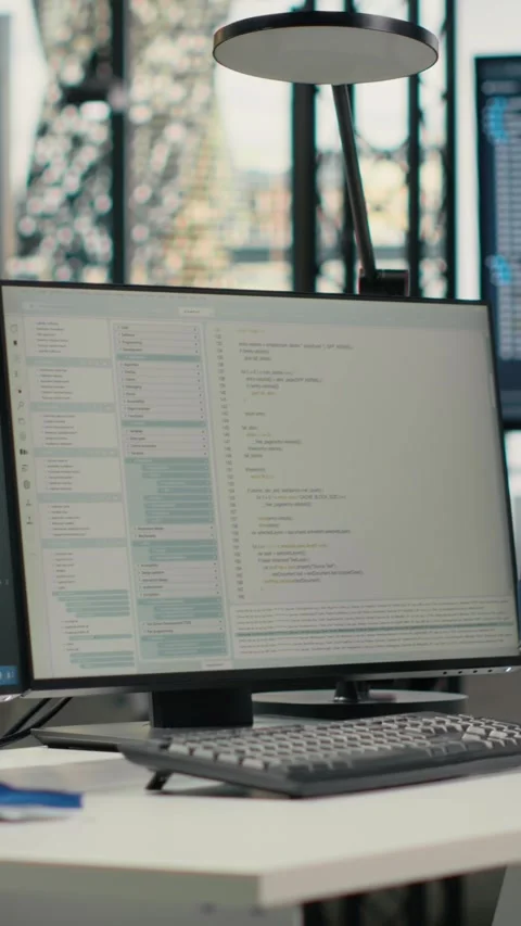 Vertical video Computer monitors in empty startup workspace with cloud computing Stock Footage 323403604