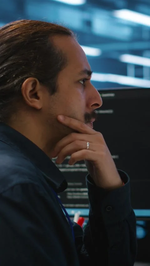 Vertical video Computer scientist in server hub doing system analysis, coding Stock Footage 276138296