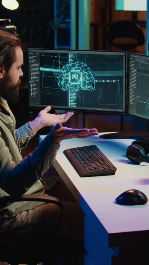 Vertical video Computer scientist surprised by artificial intelligence greeting Stock Footage 266747456