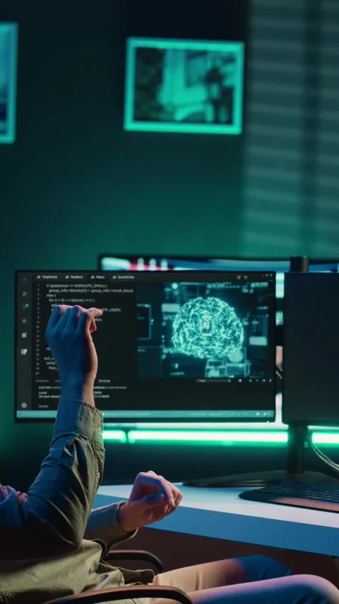 Vertical video Computer scientist using VR technology to make AI become sentient Stock Footage 266750996