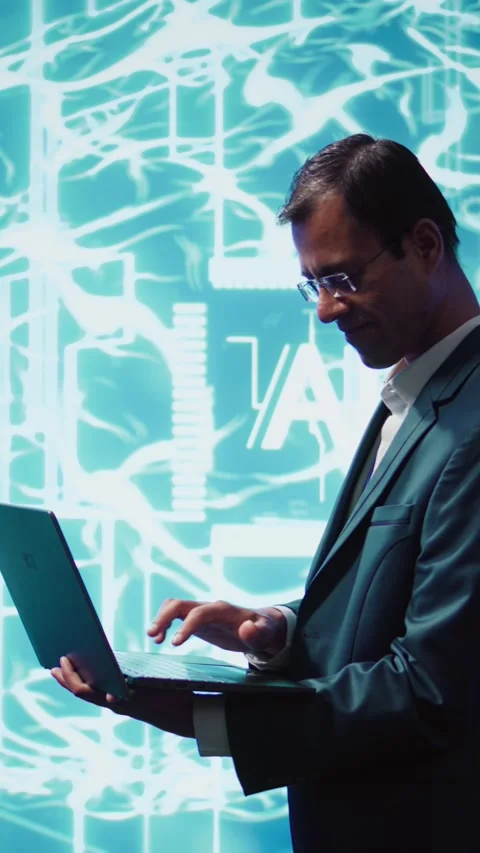 Vertical video Computer scientist using laptop to implement artificial Stock Footage 278375266