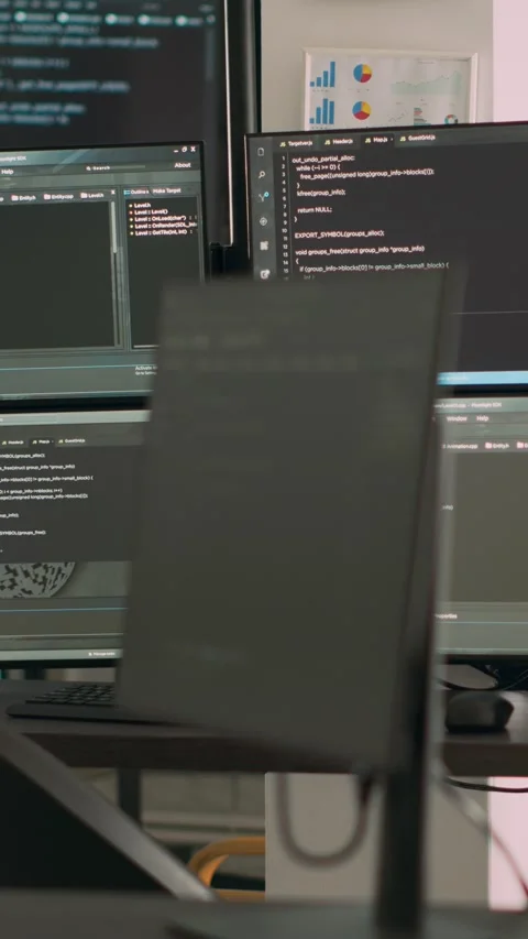 Vertical video: Computer screens on desk running programming code data Stock Footage 218575182