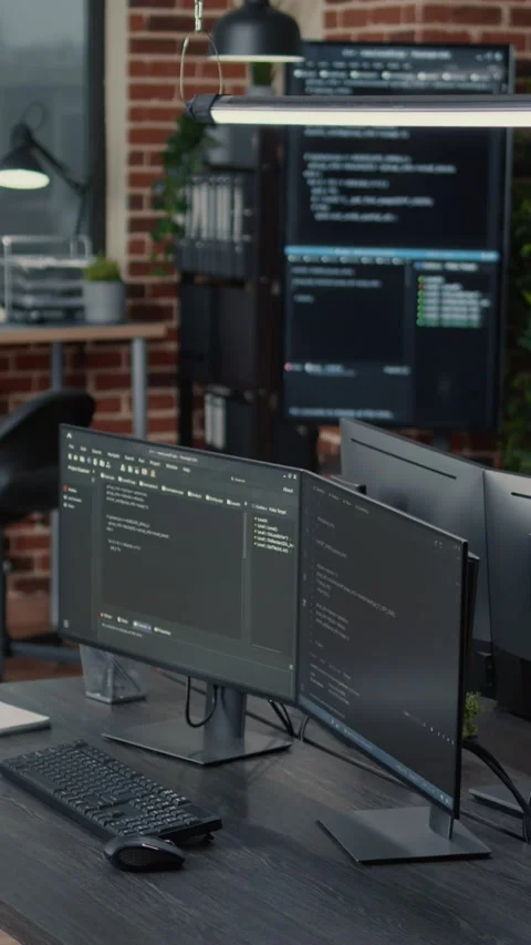 Vertical video Computer screens running programming code in empty software it Stock Footage 201719474