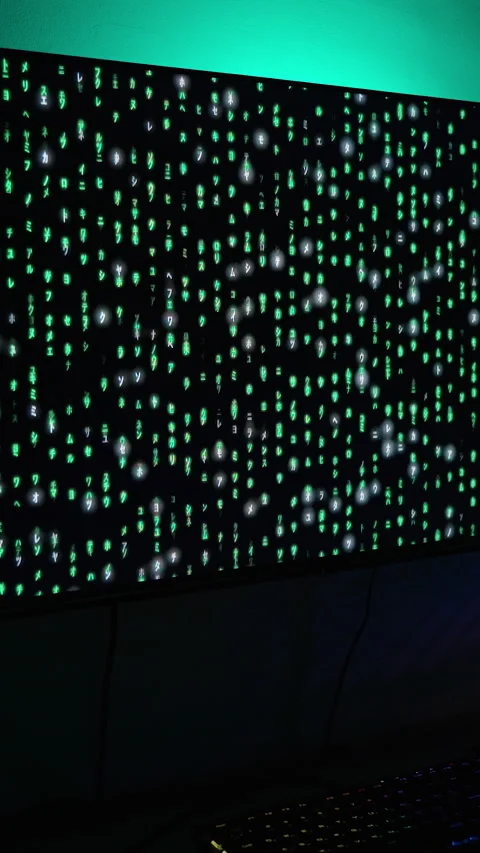 Vertical video. Computer Setup in a Dark Room, Displaying Green Matrix-Like Code Stock Footage 281459333