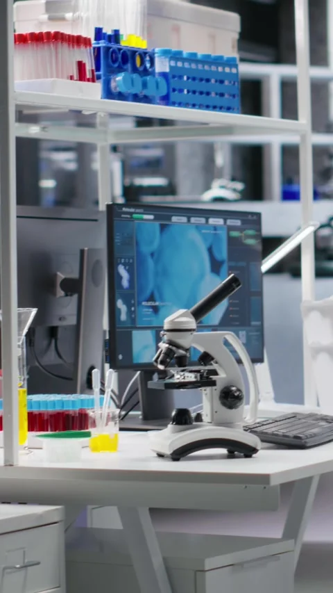 Vertical Video Computer used for molecular results in empty laboratory space 스톡 동영상 317729822