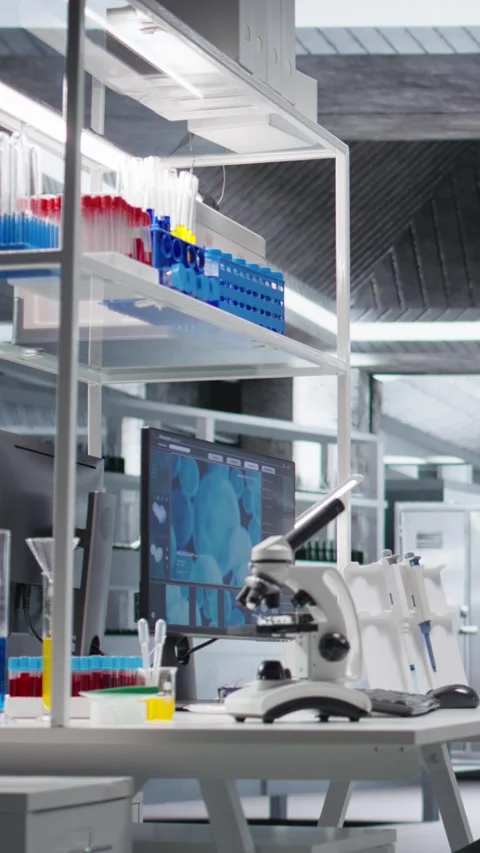 Vertical Video Computer used for molecular results in empty laboratory space 스톡 동영상 318192267