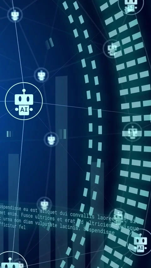 Vertical video: Concentric arcs appearing, AI node pulsing, nodes moving right, 動画素材 332823722