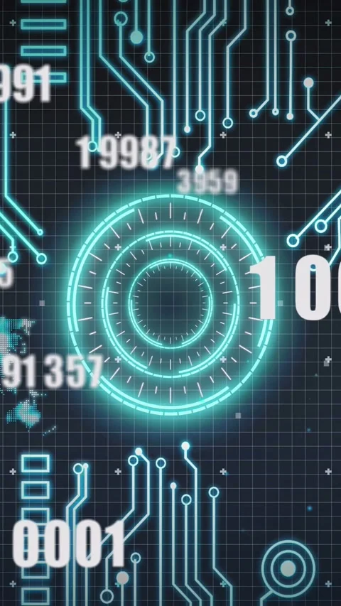 Vertical video: Concentric cyan ring HUD pulsing and scanning while data stream Stock Footage 332823390