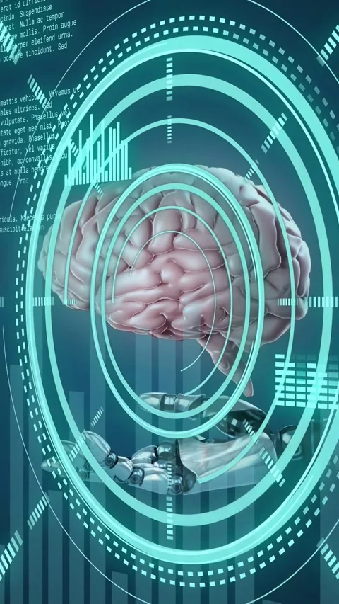 Vertical video: Concentric rings rotating inward, robotic hand lifting brain for Stock Footage 334378178