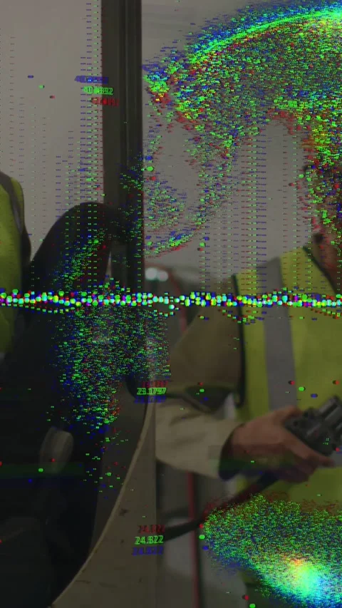 Vertical video: Construction crew pausing, tech prepping cable plug for setup Stock Footage 334544795