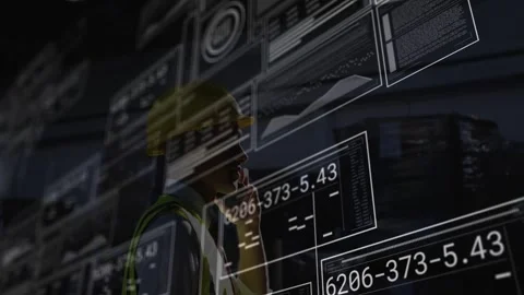 Vertical video: Construction engineer taking call moving monitoring HUD panels Stock Footage 332772444