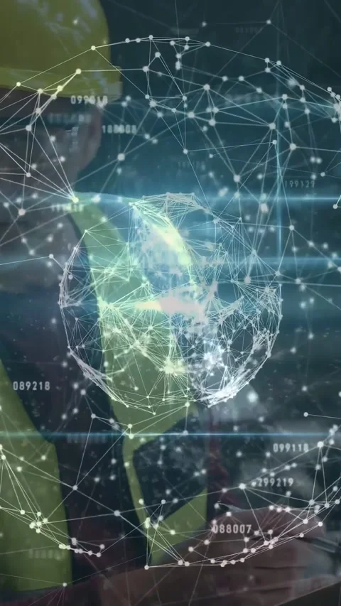Vertical video: Construction supervisor peering behind activating data sphere, Stock Footage 334598480