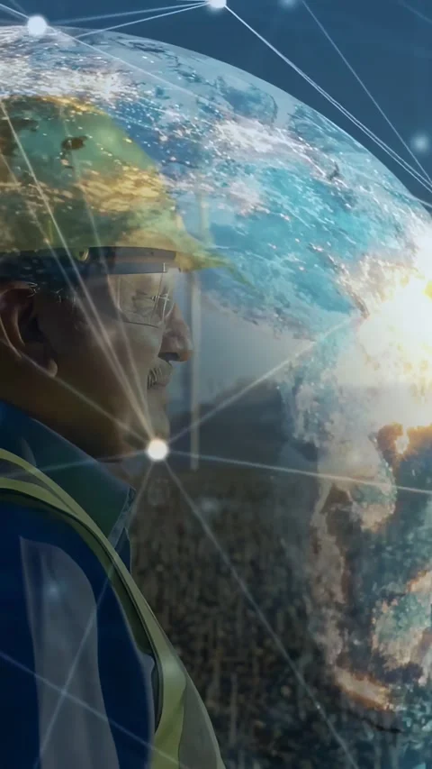 Vertical video: Construction worker facing profile, camera panning, globe Stock Footage 334604404