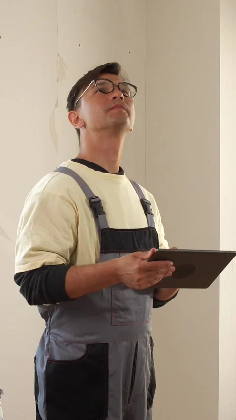 Vertical video construction worker inspecting ceiling using digital tablet Stock Footage 314082544