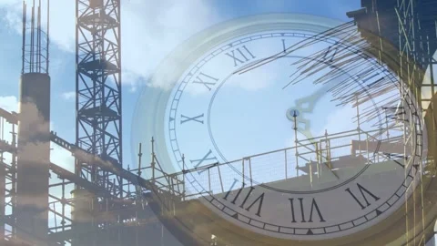 Vertical video: Construction worker shifting along scaffold, clock hand 스톡 동영상 333830340
