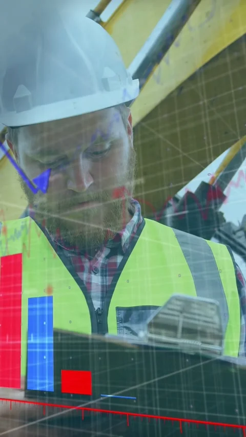 Vertical video: Construction worker tapping device, checking data while HUD Stock Footage 335507542