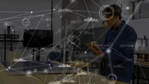 Vertical video: Consulting tablet, tech in navy shirt adjusting dial at bench Stock Footage 334040727