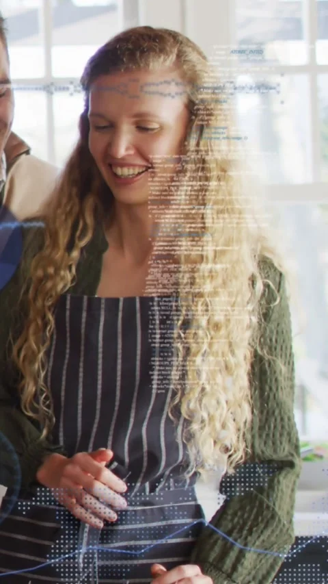 Vertical video: Cook holding knife while man reaching making code lines turn to Stockbeeldmateriaal 334550382