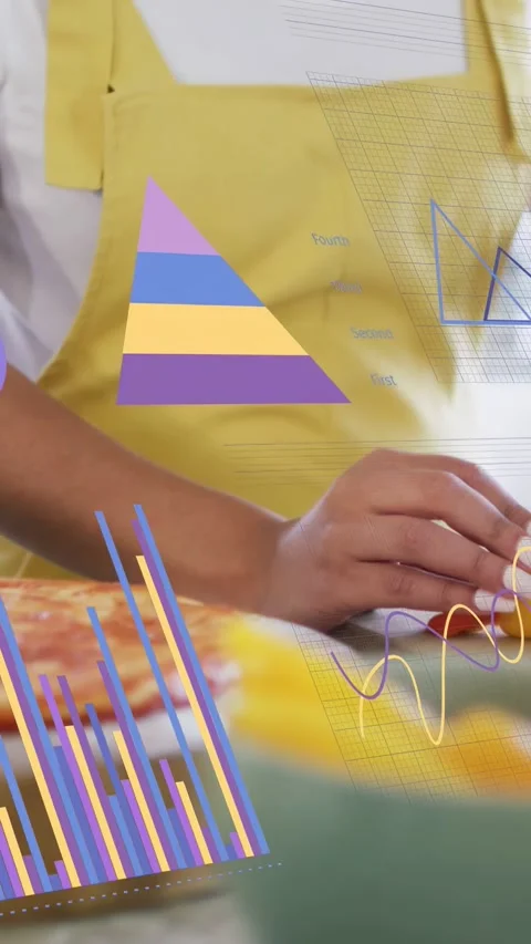 Vertical video: Cook slicing pepper on counter, making graphs float, then Stock Footage 333036755