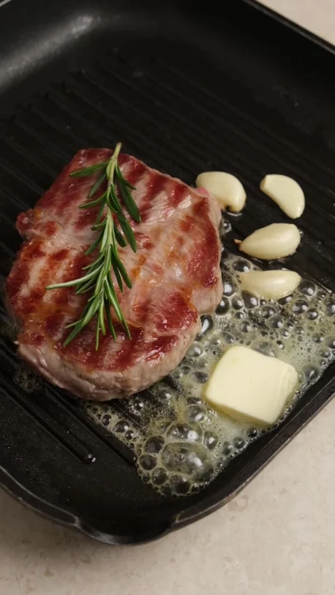 Vertical video: Cooking steak on a grill pan on the stove Stock Footage 275965473