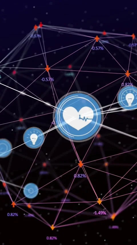 Vertical video: Core health icon pulsing beams lighting links and pulling icons Stock Footage 330965176