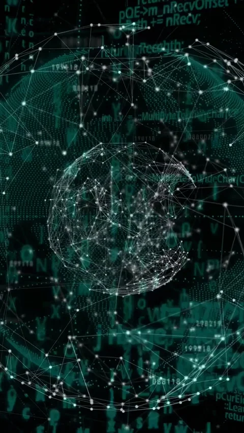 Vertical video: Core node mesh receiving code input, pulsing, splitting, Stock Footage 333079630
