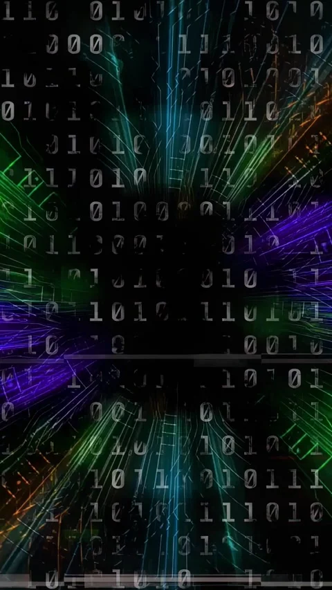 Vertical video: Corner neon pulses initiating binary grid converging inward, Stock Footage 334771001