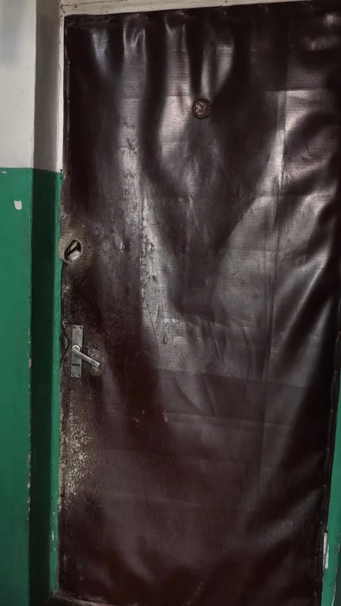 Vertical video. Corridor with old brown entrance doors with leatherette surface. Video stock 294671222