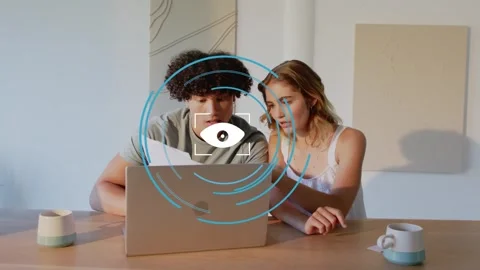 Vertical video: Couple responding to animated overlay at home, reading papers Stock Footage 332405843